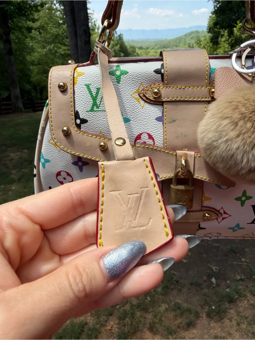 White Multicolor Monogram Satchel with Pom Charm